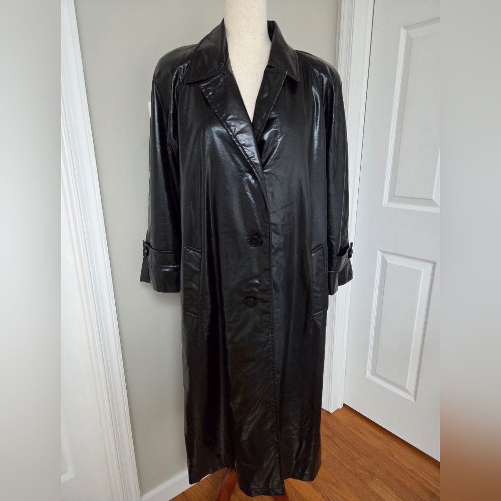 Vtg Union Made Shiny Black  Trench Coat Duster Matrix Goth Punk